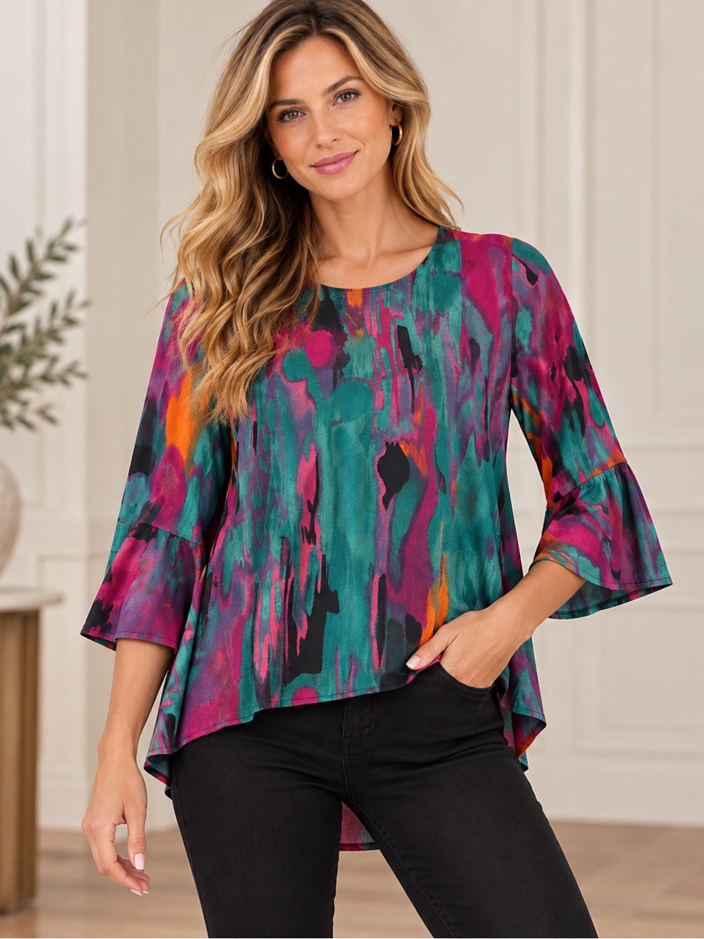 Abstract Teal & Magenta Bell Sleeve Tunic Top